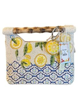 Beaded Lemon-Embellished Clutch with Bamboo Handle Yellow & Blue & Charm